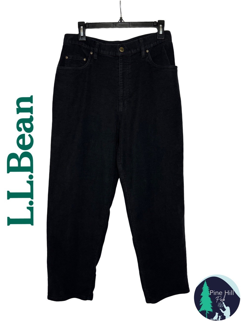 LL Bean Velour Pants Womens 12P 12 Petite Black High Rise Tapered Cotton Stretch